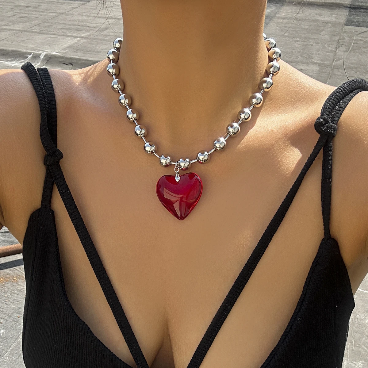 6 Colors Hip Hop Colorful Love Heart Pendant Necklace Women Punk Silver Color Beads Chain Grunge Jewelry Accessories Steampunk