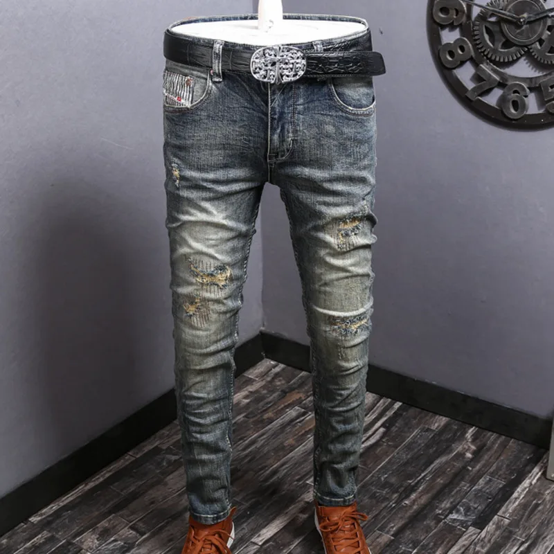 

America Hip Hop Ripped Designer Skinny Denim Pant Men Luxury Blue Jean Men High Street Punk Rock Brand Jeans Jean Noir Homme