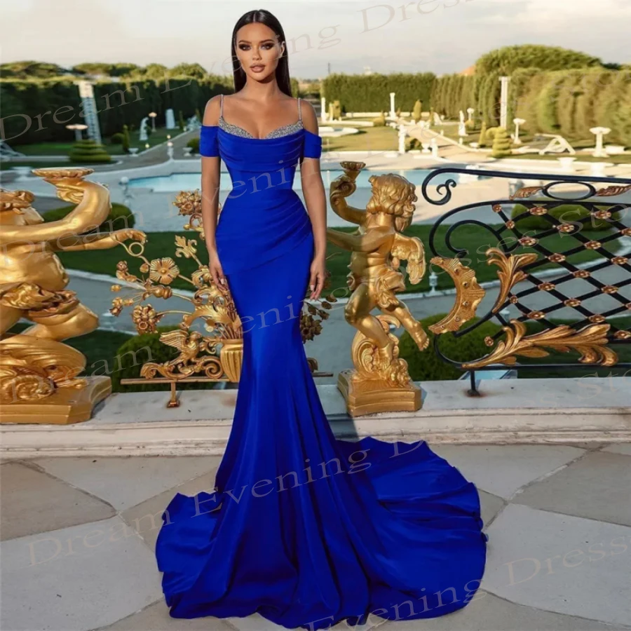 Elegant Royal Blue Satin Simple Evening Dresses Off The Shoulder Sequined Prom Gowns Sleeveless Spaghetti Strap Vestido Festa