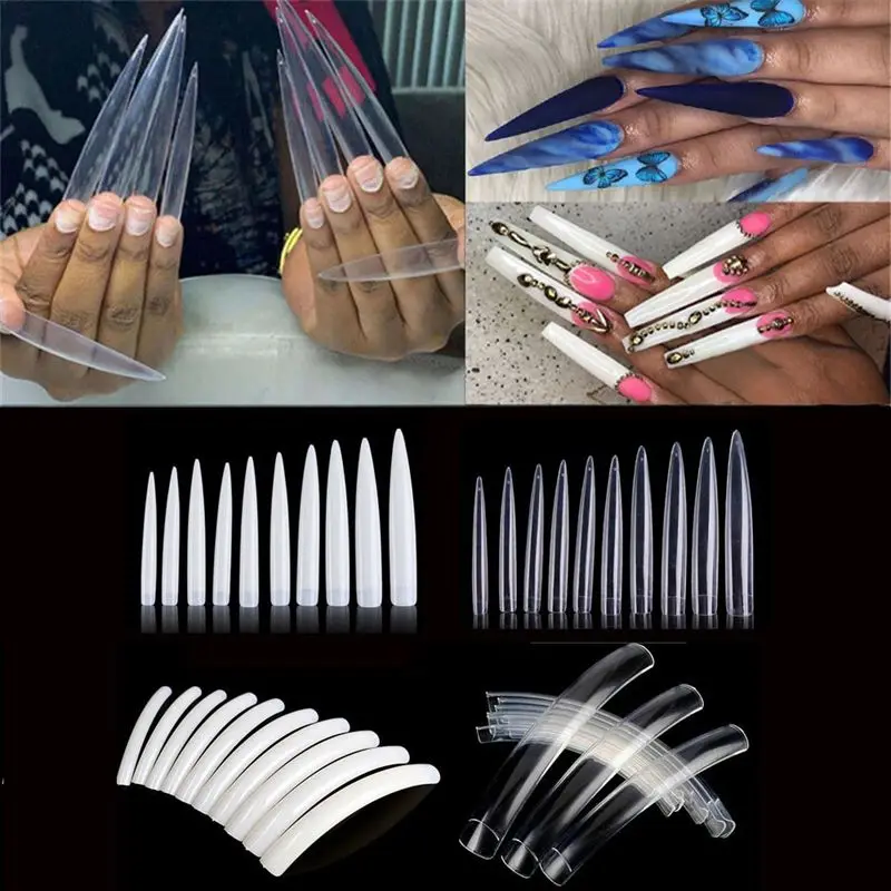 10Pcs Clear Natural Extra Long Acrylic False Nails Half Cover Fake Nail Tips Set Transparent Salon Quality Fake Nails