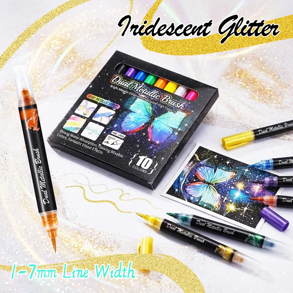 10 Colors Art Markers Brush Tip Metallic Luster With Glitter Powder For Painting Greeting Card Student Notebook Art Supplies
