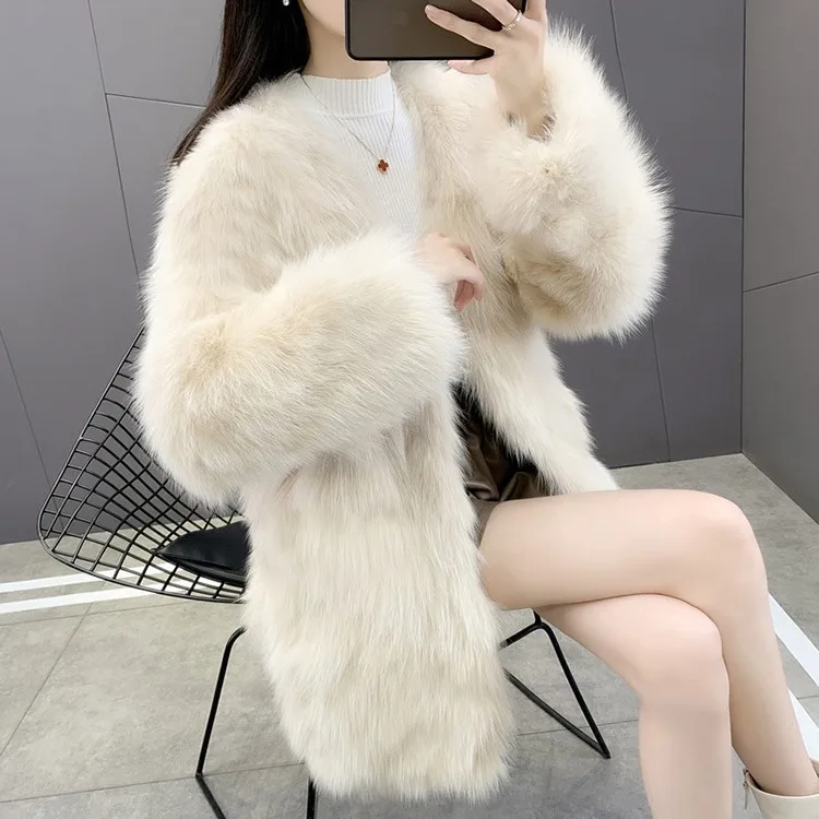 Women Coat Faux Fur Fox Coats Jackets Thick Warm Y2k Streetwear Jacket V Neck Work Elegant Outerwear Autumn Winter 2025