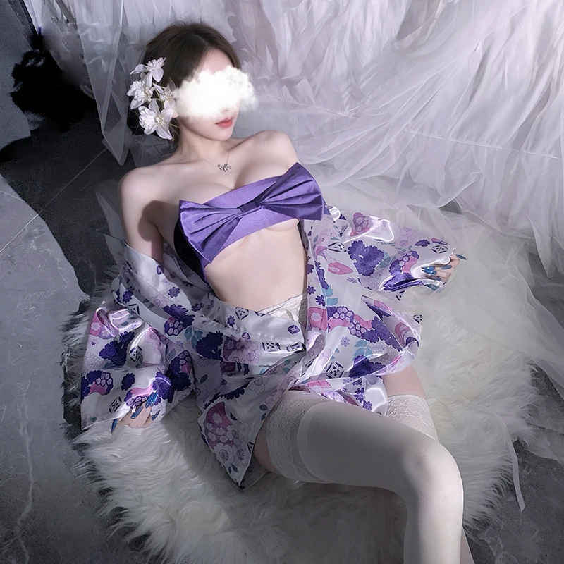 

Purple Kimono Uuniform Sexy Female Two Styles Open Chested Flirtatious Pajamas Erotic Adult Uniform Temptation Cosplay Lolita