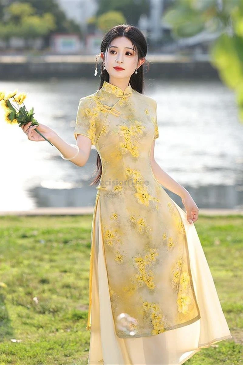 

2025 милое молодежное повседневное вьетнамское платье для девочек ao dai qipao, высококачественное китайское улучшенное qipao с принтом, элегантное литературное художественное платье