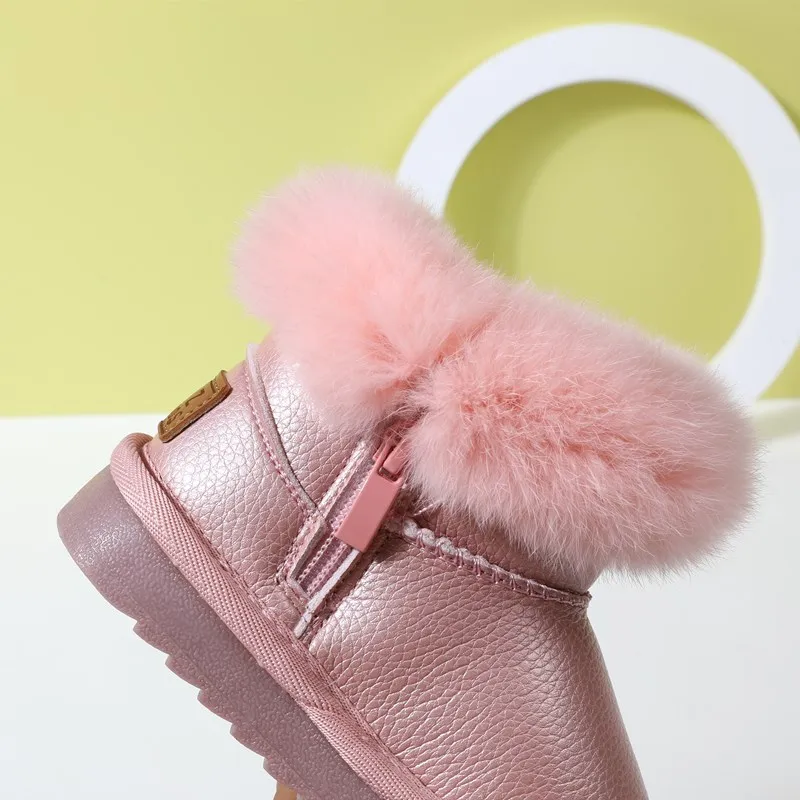 Botas de invierno para niñas, zapatos de princesa de cuero cálidos de felpa de algodón para niños, zapatos antideslizantes de moda para bebés de 15
