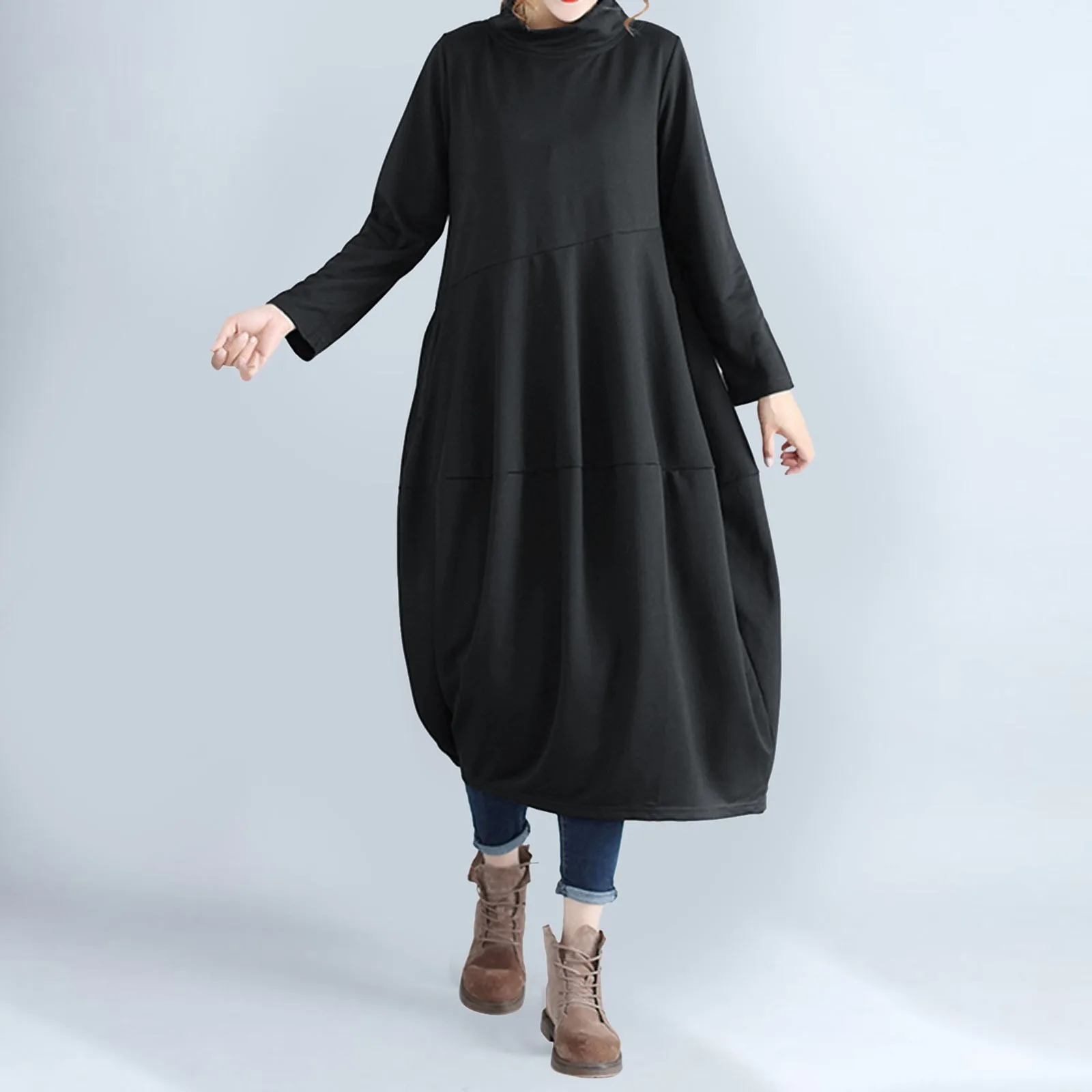 Women Winter Fleece Long Dresses High Neck Long Sleeves Loose Oversize Autumn Dress Ladies Solid Casual Versatile Dress Vestidos