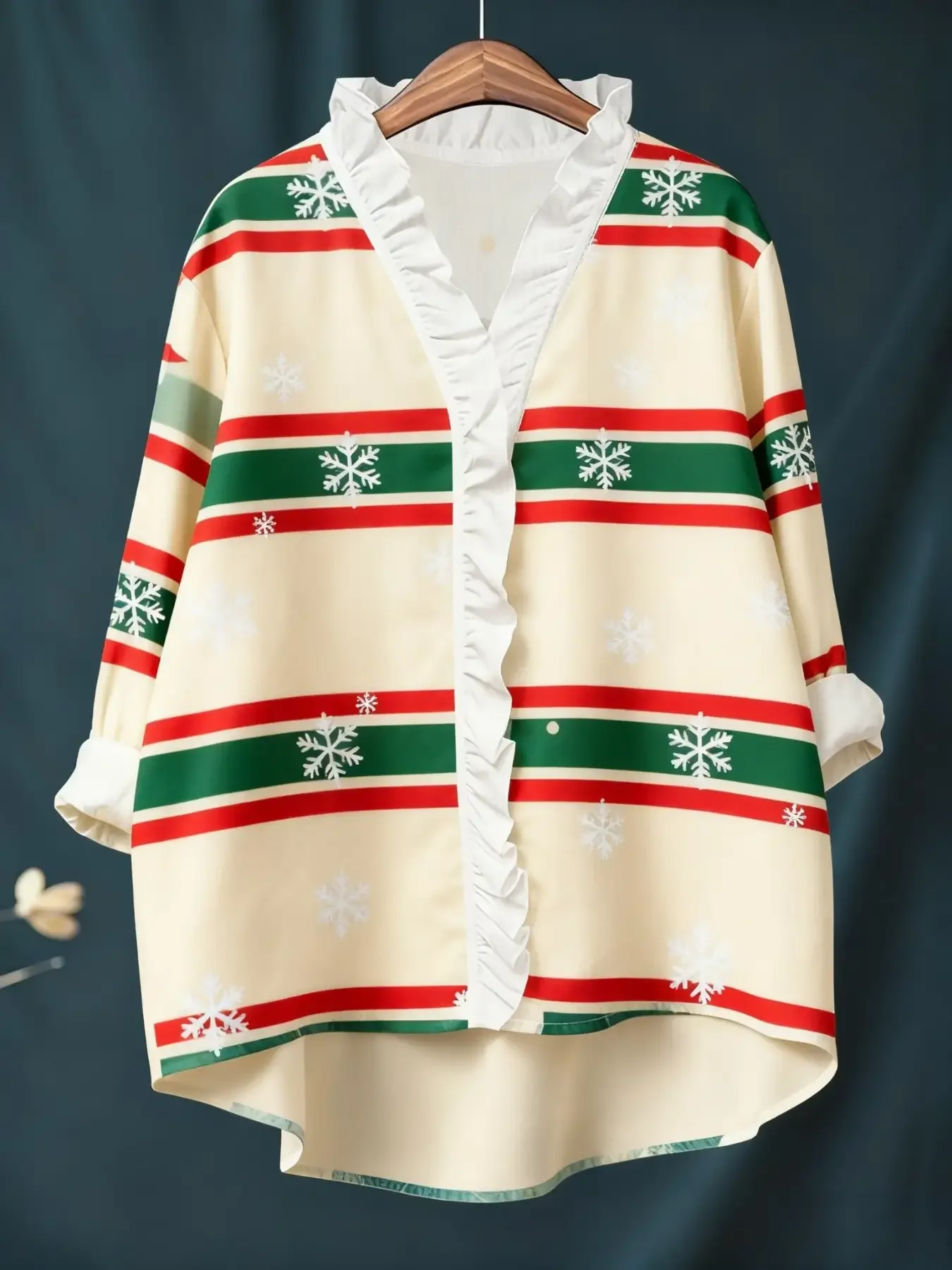 Christmas digital printed women's long sleeved shirt with ruffled collar, Tablet digital printing