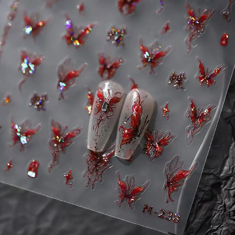 Three dimensional jelly colored butterfly relief nail sticker, red shell light liquid butterfly nail sticker