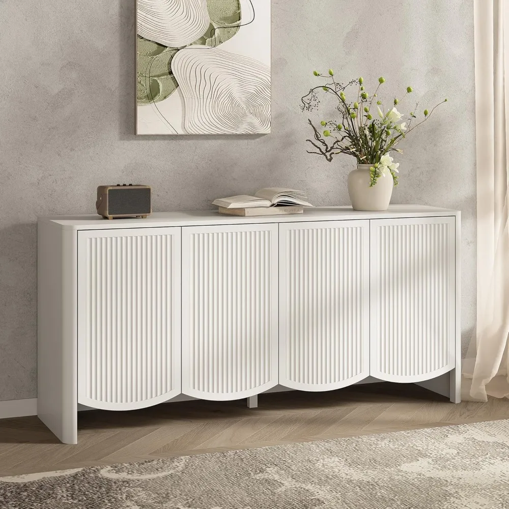 خزانة بوفيه جانبية مع مساحة تخزين، وخزانة تخزين مخددة مع 4 أبواب وأرفف قابلة للتعديل، وحامل تلفزيون Credenza الحديث #1