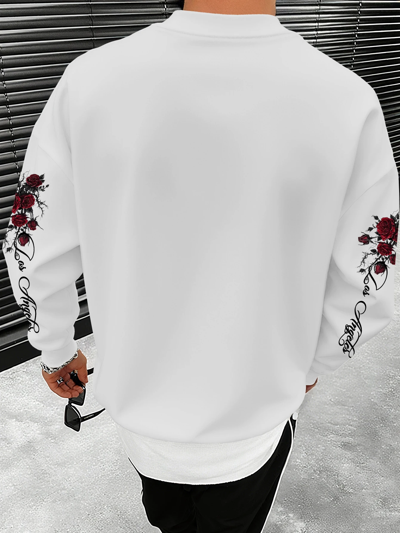 Men Casual Crew Neck Long‑Sleeve Top, Dark Red Rose Floral Script Letter Graphic Print Sweatshirt，S-XXL