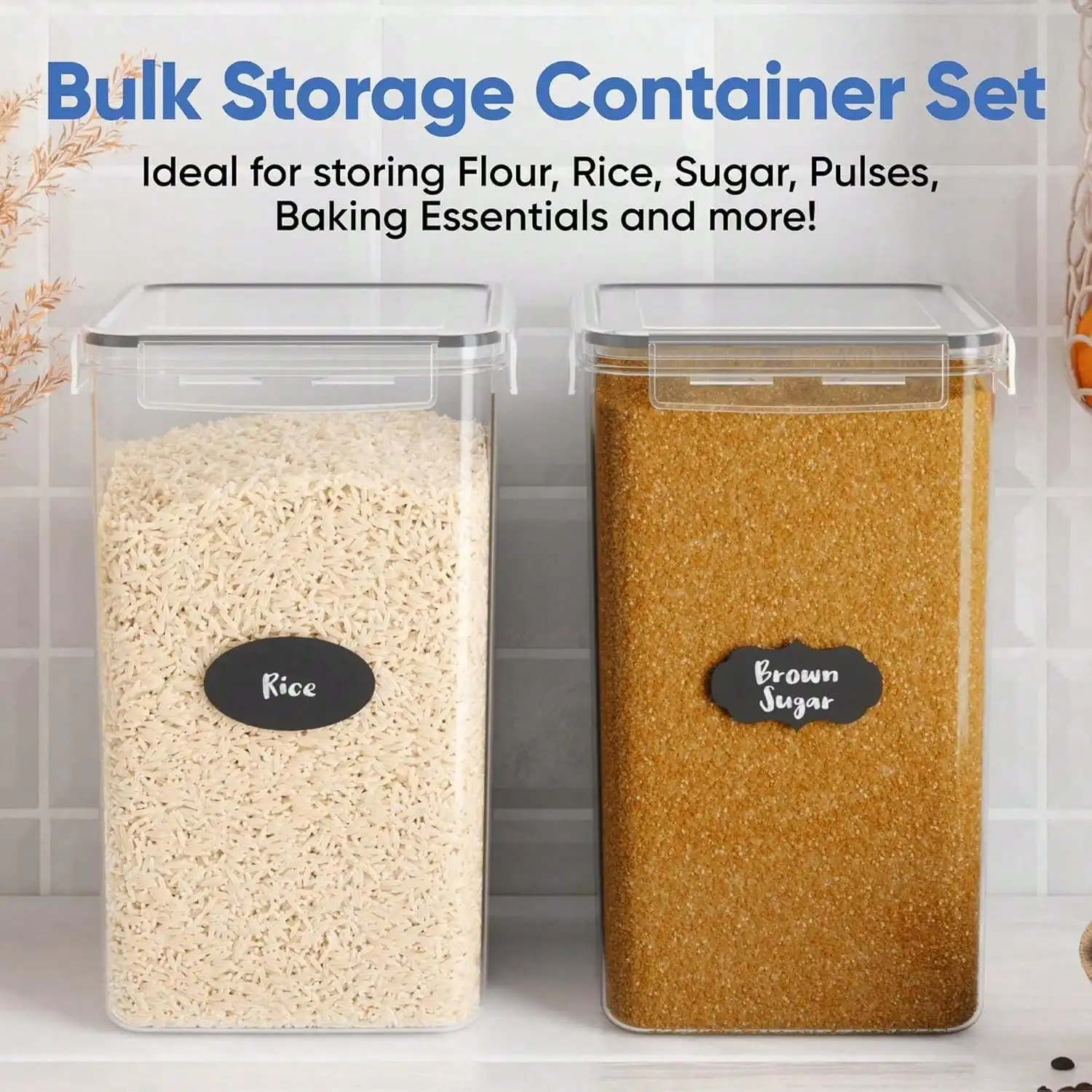 Extra Large Flour And Sugar Storage Containers 9.5L Fl. Oz; Set Of 2 Plastic Bulk Airtight Food Storage Rice Containers With Lids - Marker & Labels.