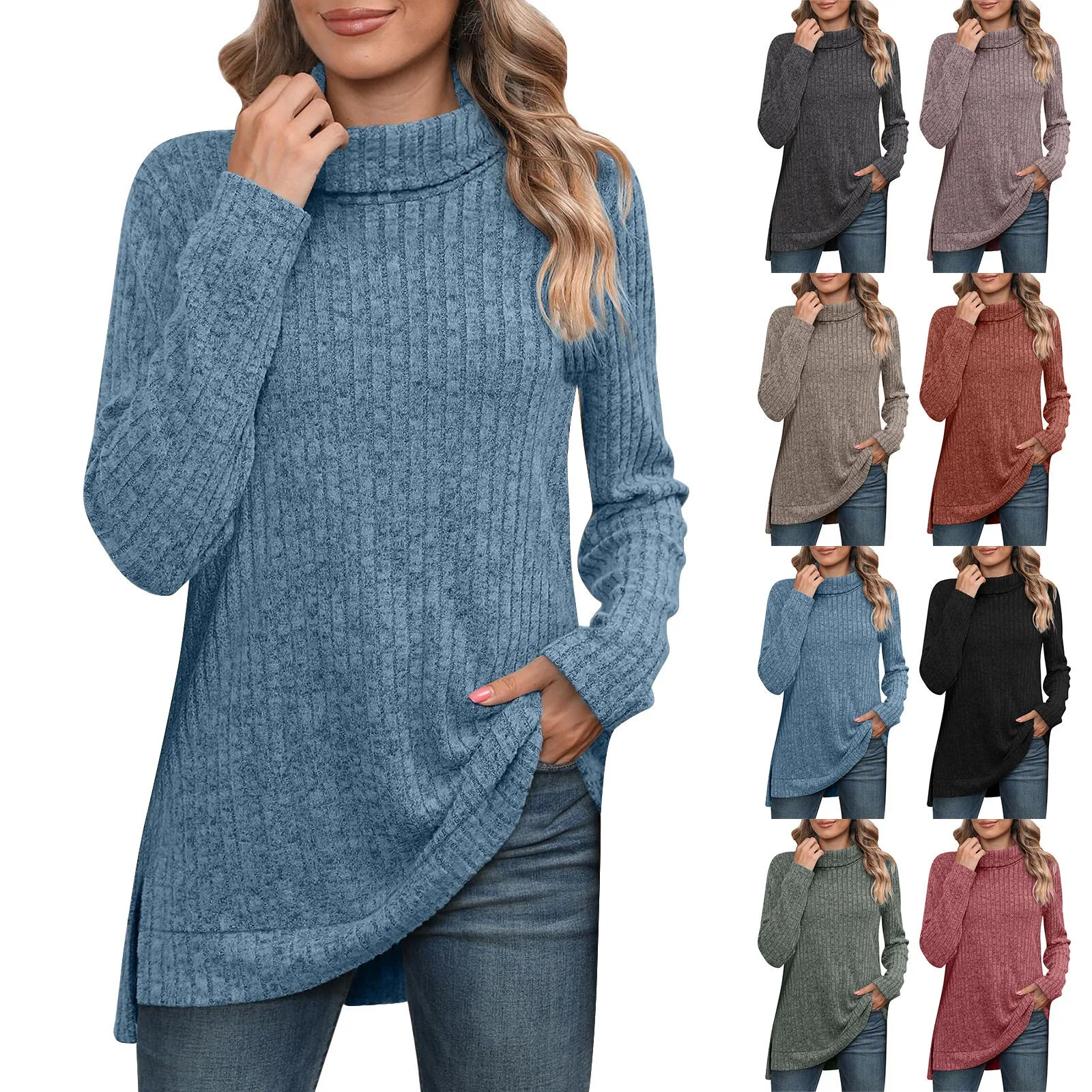 

High Collar Solid Loose Lightweight Sweater 2023 Autumn/Winter New Long Sleeve Side Split T-shirt Top for Women