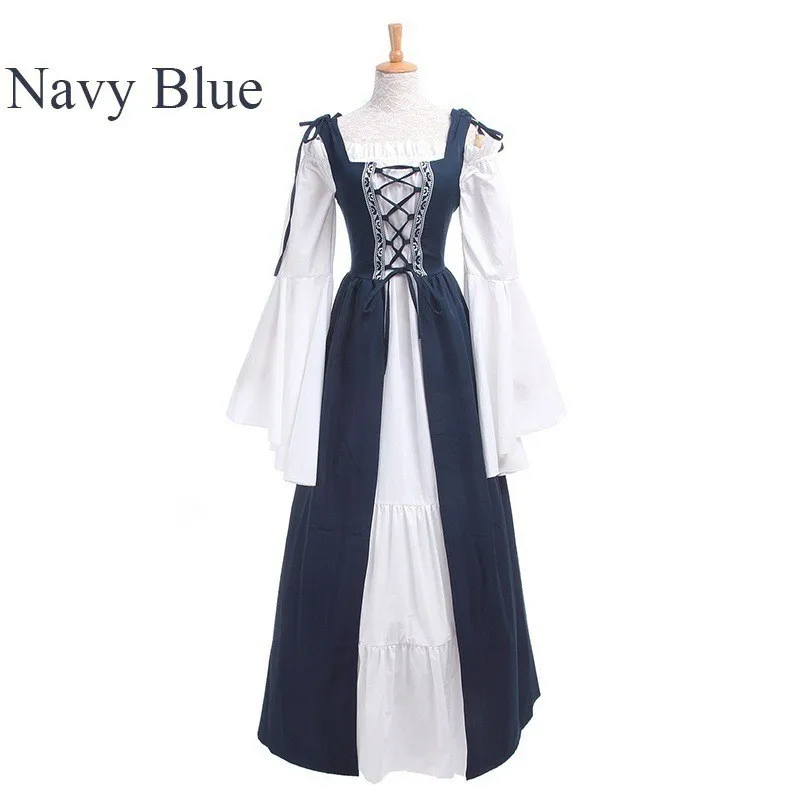 Two Set Patchwork Set Maxi Length Literary Retro with Medieval Renaissance Dress Full Swing Round Neck Square Neck Tie Waist