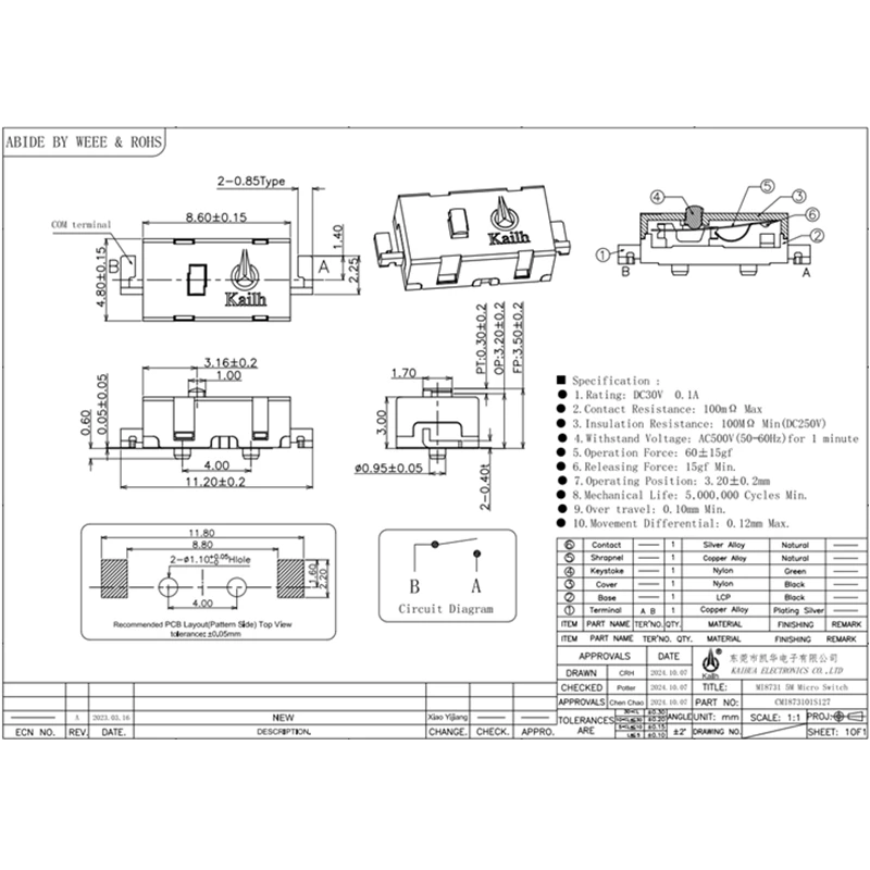 10Pcs 3.5mm SMD Green dot 2pin micro switch 5 million click life 65g for mouse button side keys can replace D2LS-11 D2LS-21