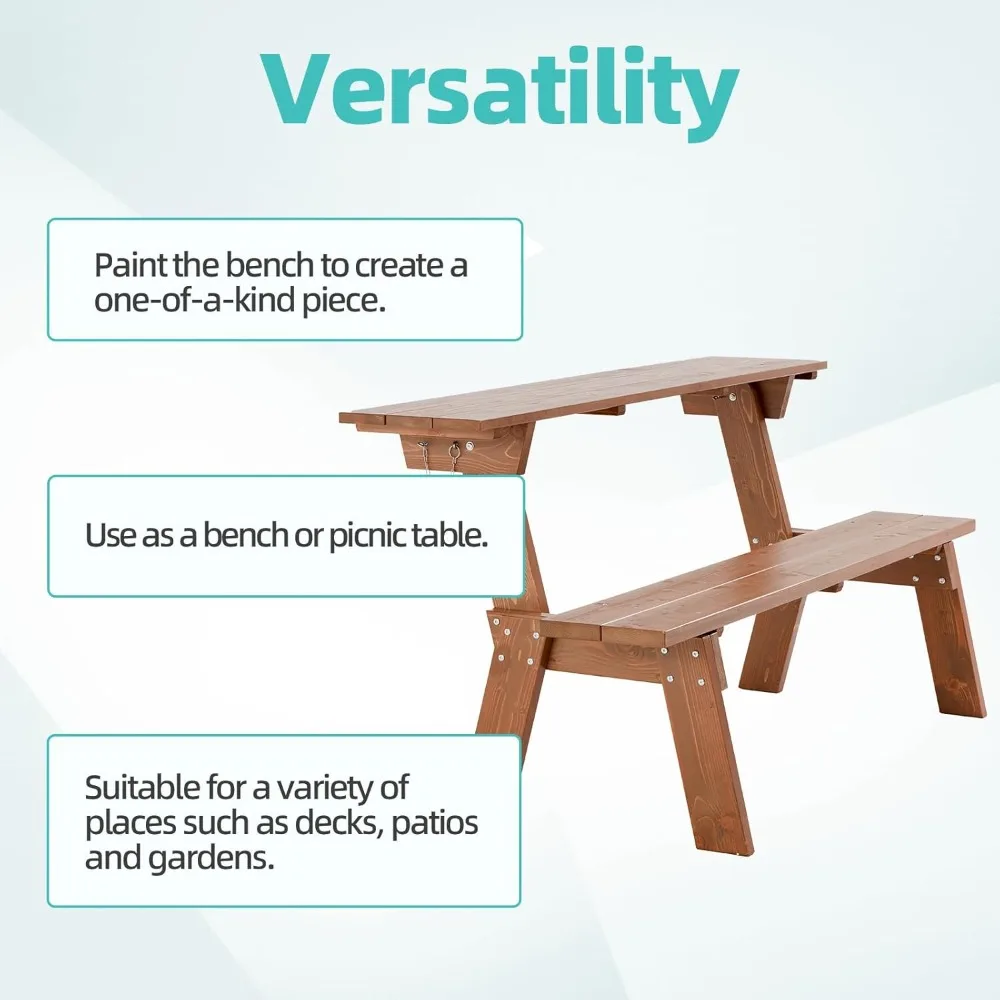 طقم طاولة نزهة قابل للتحويل في الهواء الطلق، أثاث حديقة خشبي 2 في 1 للفناء الخلفي والشرفة والفناء