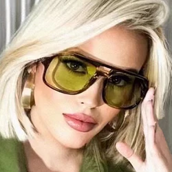 SO&EI Retro Double Bridges Square Women Luxury Sunglasses Fashion Yellow Green Shades UV400 Men Gradient Sun Glasses