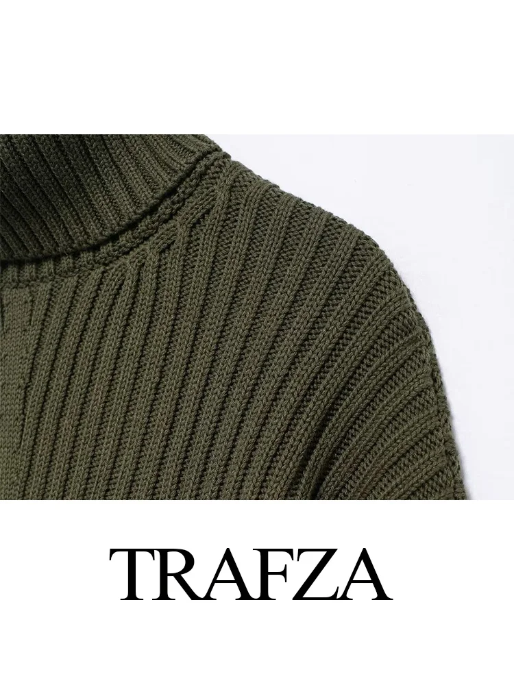 TRAFZA Women Fashion High-necked Sweater Long Sleeve Solid Knitted Pullover Autumn Female Casual Ribbed Short Sweater Mujer