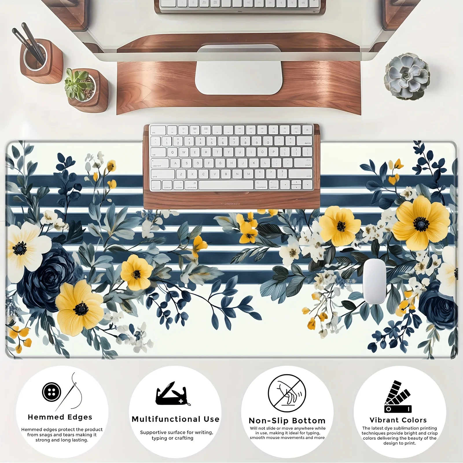 1 Buah Alas Mouse Motif Bunga Bergaris Bohemian - Alas Karet Anti Selip yang Tahan Lama, Desain Bunga Berwarna Kuning Biru Putih Hijau Cerah di Latar Belakang Biru Dongker