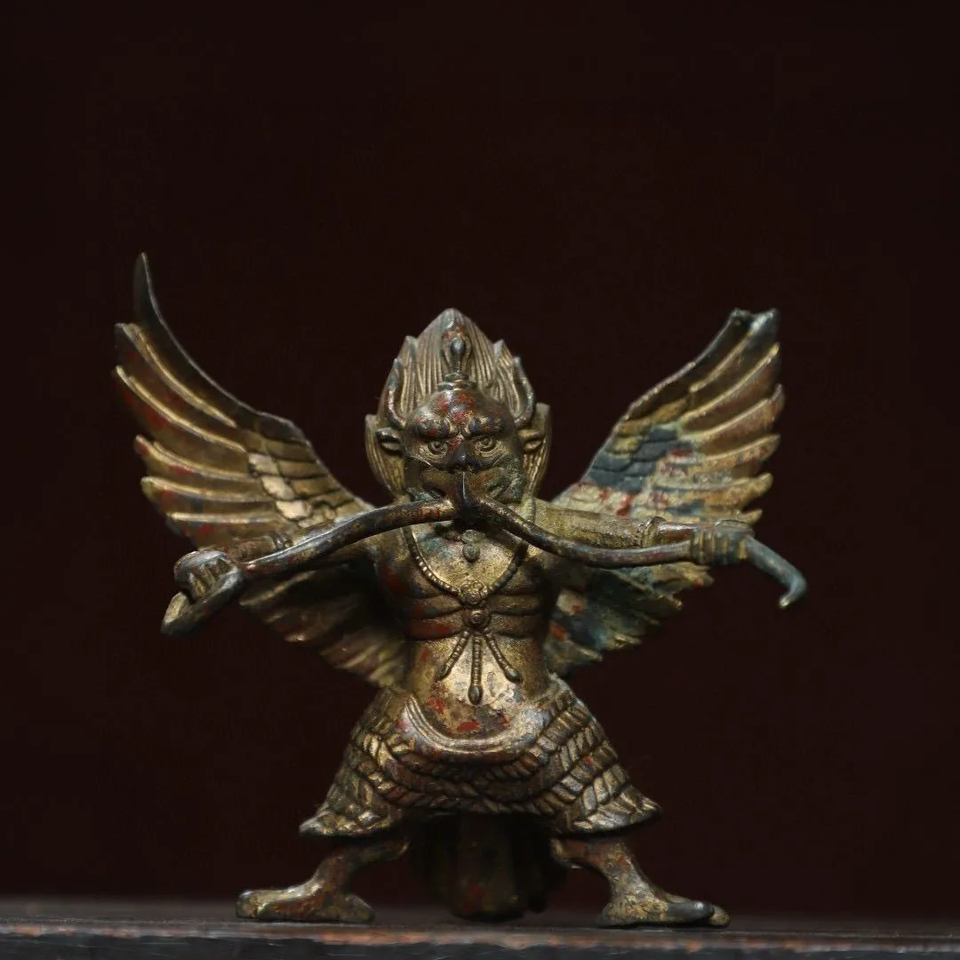 4.7in China Old Buddhism Temple Bronze Gilt Suparna Suparnin Bird Statue Limited