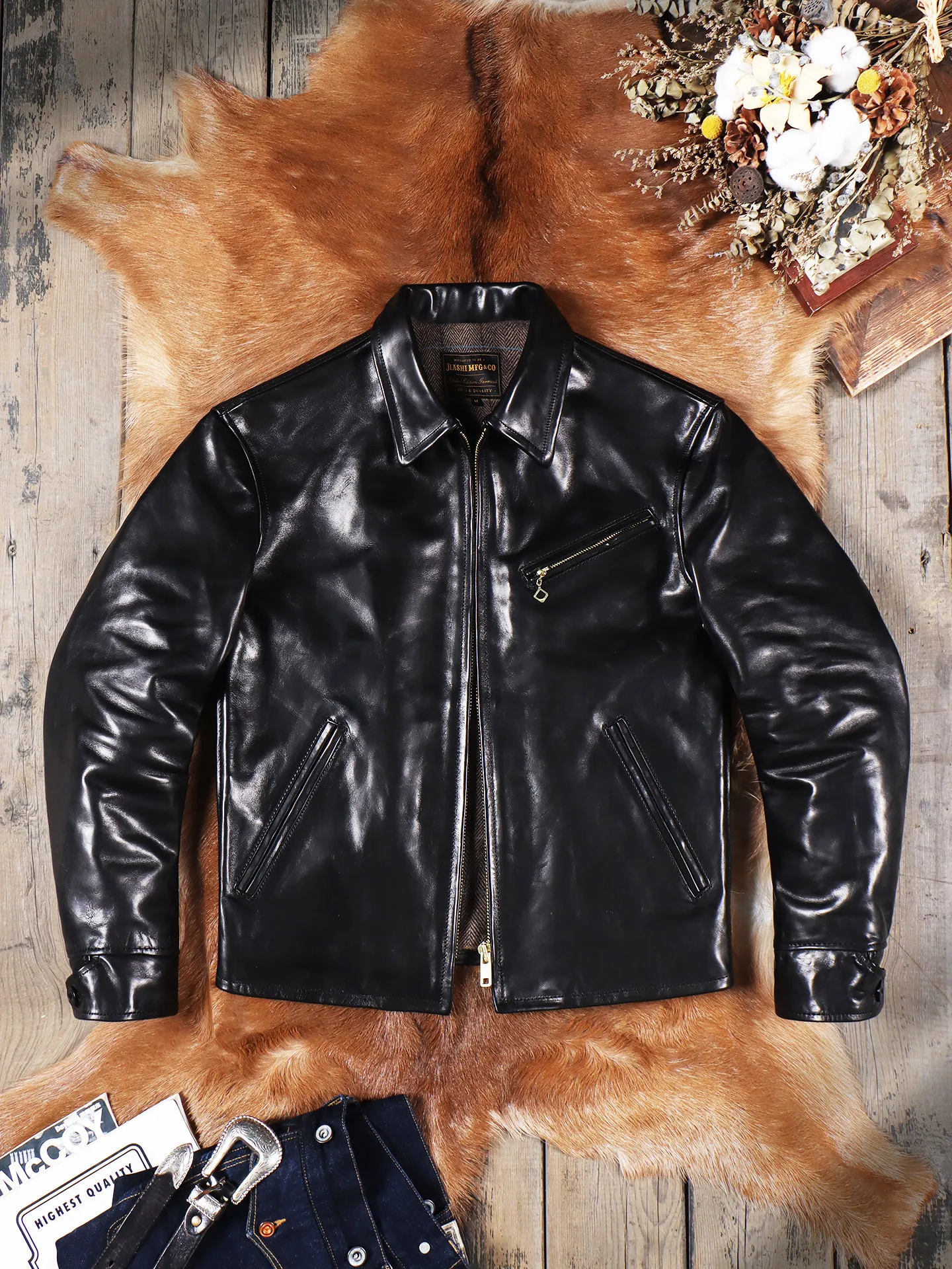 Tailor Brando 1.4mm Uncoated Vegetable Tanned Horsehide Classic 1930 Lapel Men's Genuine Leahter Jacket