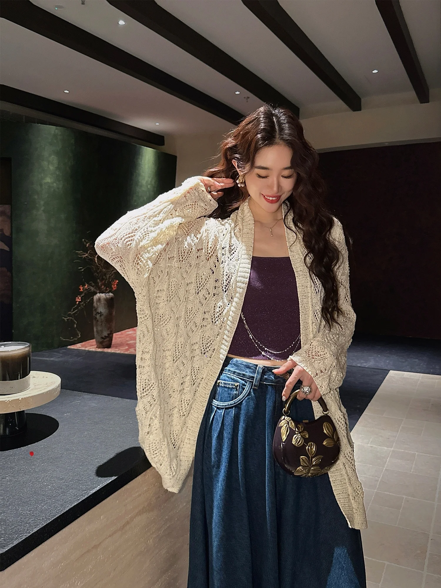 

Sanji Bla Flower【Zan Yun】Knitted Open Cardigan Spring Sle Bead Me Hollow out Chain Detail Women's Faion Top