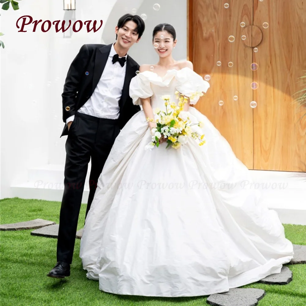 

Prowow Vintage Korea A Line Wedding Dress 웨딩드레스 Draped Taffeta Off the Shoulder Bridal Gown Customized Short Puff Sleeves