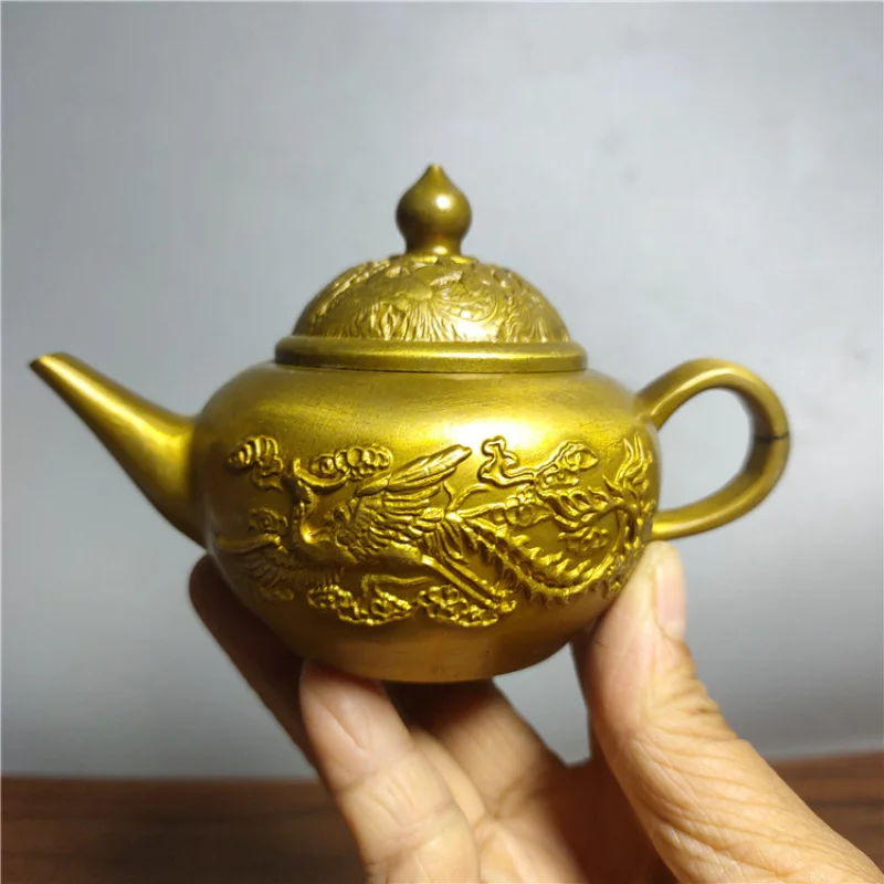 Antique Antique Old Crafts Dragon and Phoenix Opera Beads Copper Pot Kettle Wine Pot Decoration Home Decoration Wholesale