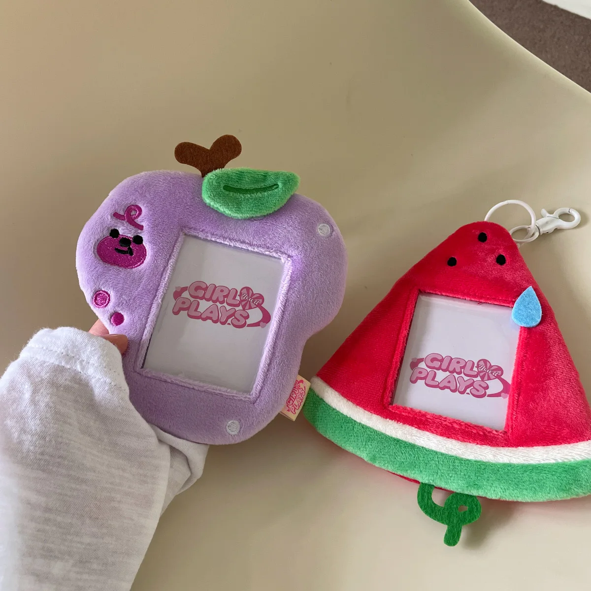 Kawaii Cartoon Fruit Series Soft Plush 3 Inch Kpop Photocard Holder Photo Card Holder Bag Pendant School Stationery