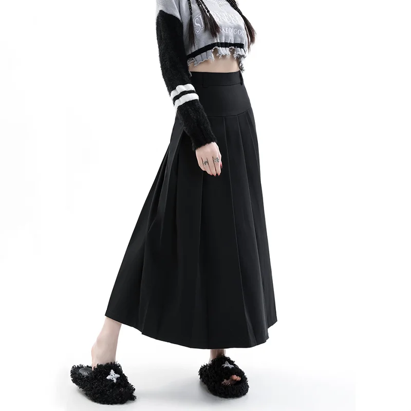 Vintage Grey Suit A-line Skirt Women\'s Spring Autumn College Style High Waist Pleated Mid Length Skirt Femal