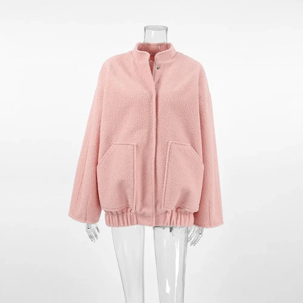 Fashion Pink Long Sleeved Jacket Autumn and Winter Women Loose Pink Granular Velvet Stand Collar Commute Shopping Casual Jacket