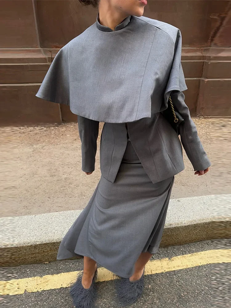 Elegant 3 Piece Outfit Cape Shawl Collar Fitted Blazer Jacket Asymmetrical Mermaid Long Skirt 2026 Autumn Gray Office Lady Suits