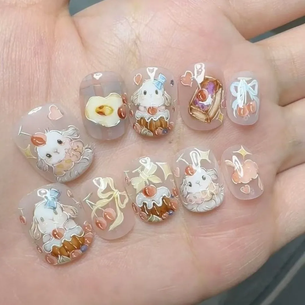 10 stuks zoete schattige lange oren konijn handgemaakte pers op nagels middag thee taart cherry boog kunst valse nagels verwijderbare herbruikbare