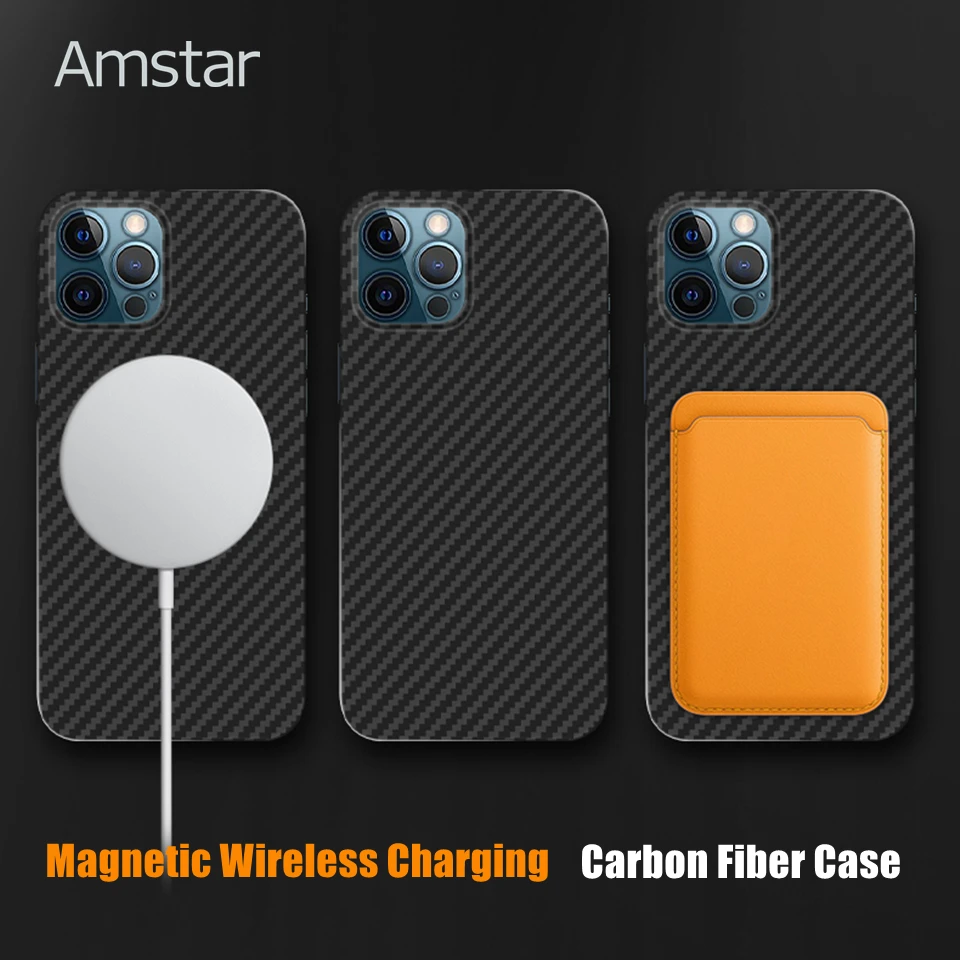 Amstar Magnetic Wireless Charging Carbon Fiber Phone Case for iPhone 14 13 Pro Max 14 13 Pro Aramid Fiber Cover Support Magsafe