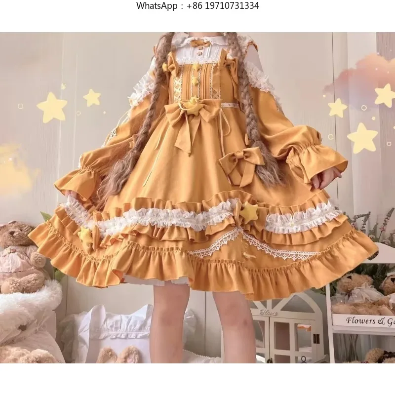 Women Sweet Lolita OP Dress Little Star Ruffles Long Sleeve Princess Kawaii Tea Party Dress