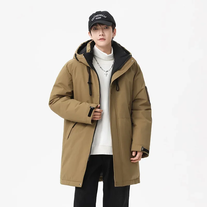 한국 스타일 면 라이너 후드 파카, 두껍고 긴 작업복, 젊음 활력, 남성용 면 의류