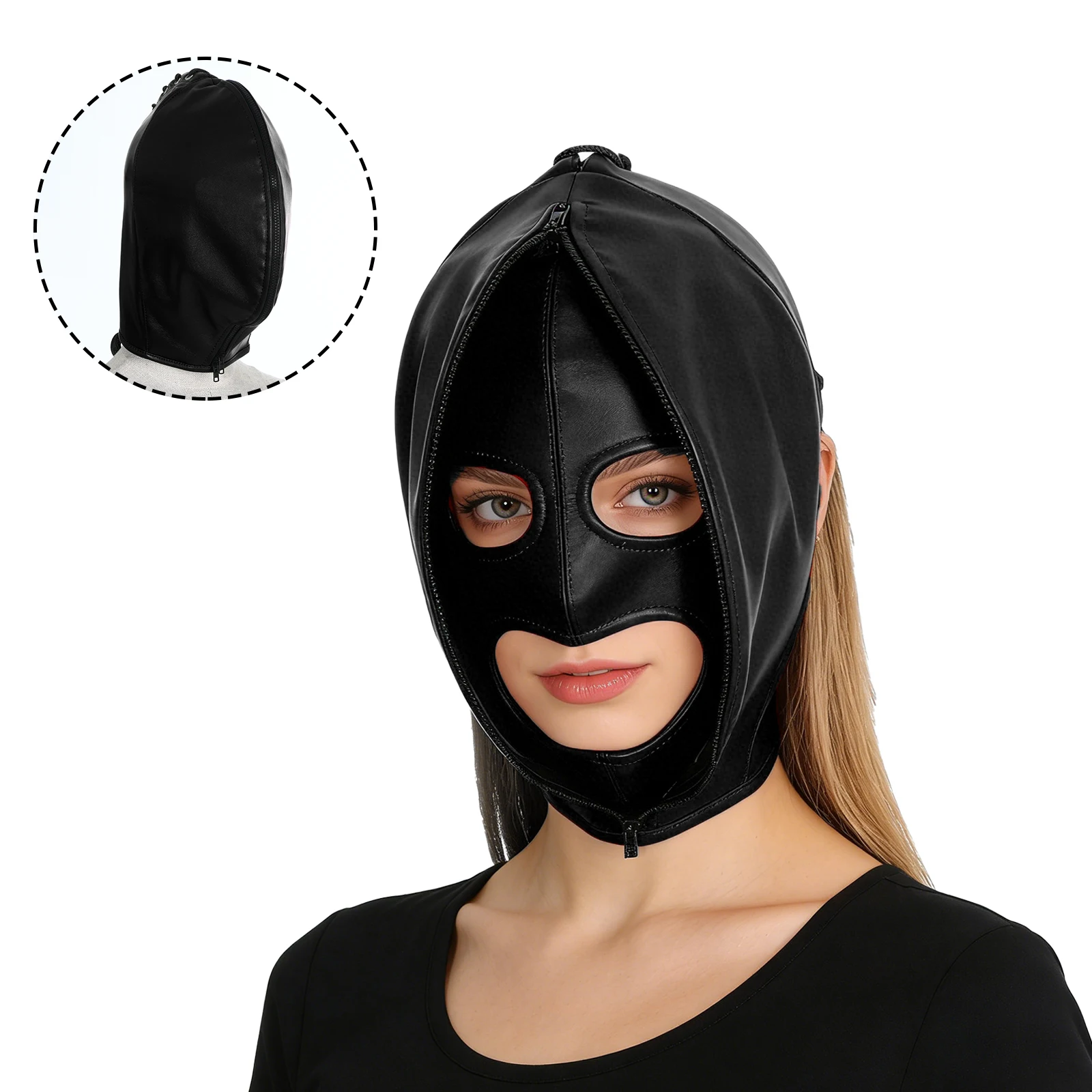 Masque en cuir intégral à double couche, couvre-chef zippé, capuche réglable à lacets, masques de bondage en cuir, masque de fête d'Halloween, cosplay
