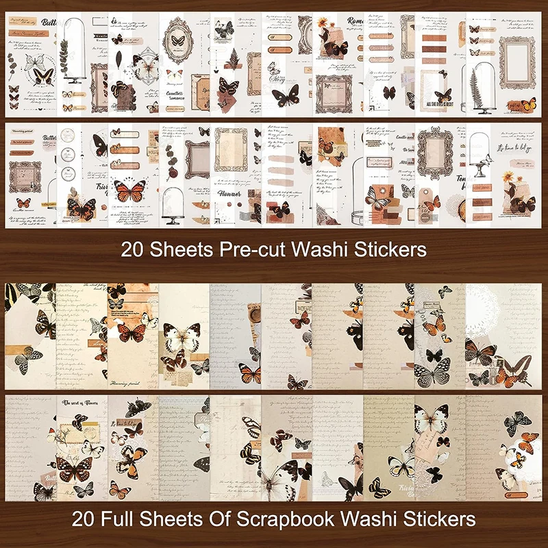 Washi Stickers for Journaling Vintage Book for Scrapbooking with 180pcs Butterfly Stickers and 20Sheets Adhesive Scrapbook Paper