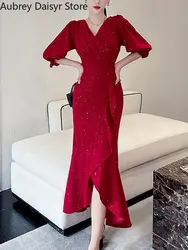 Elegant Midi Red Mermaid Dress Women Autumn Korean Sexy V-neck Irregular Sequins Dress Vintage Casual Evening Party Dress 2022