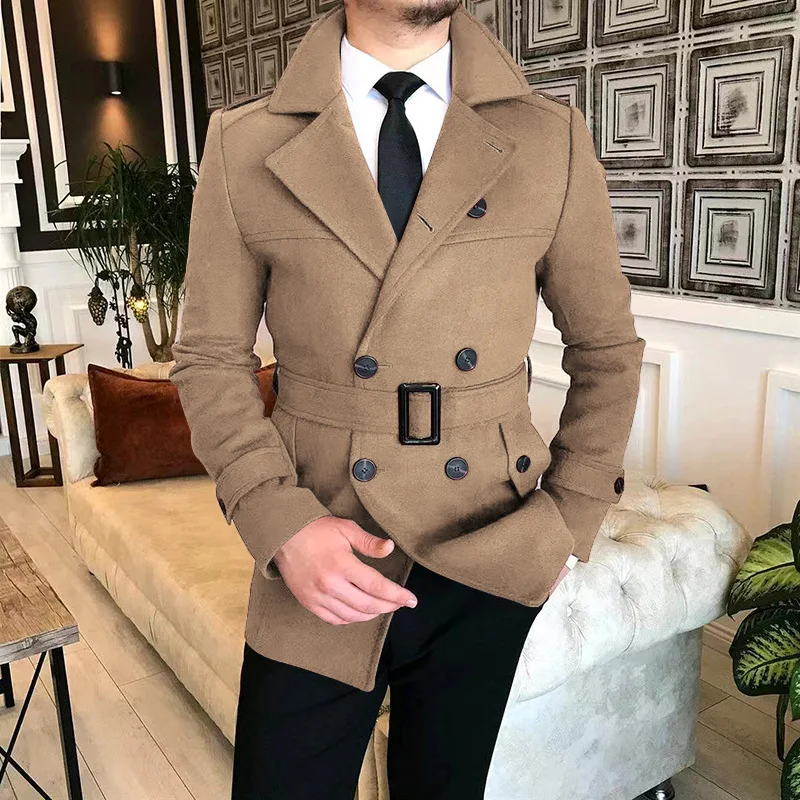 Tweed Man Jacket With Belt Autumn Winter Smart Casual Suit Turn-down Collar Male Slim Fit Double Breasted Blazers 1 Piece