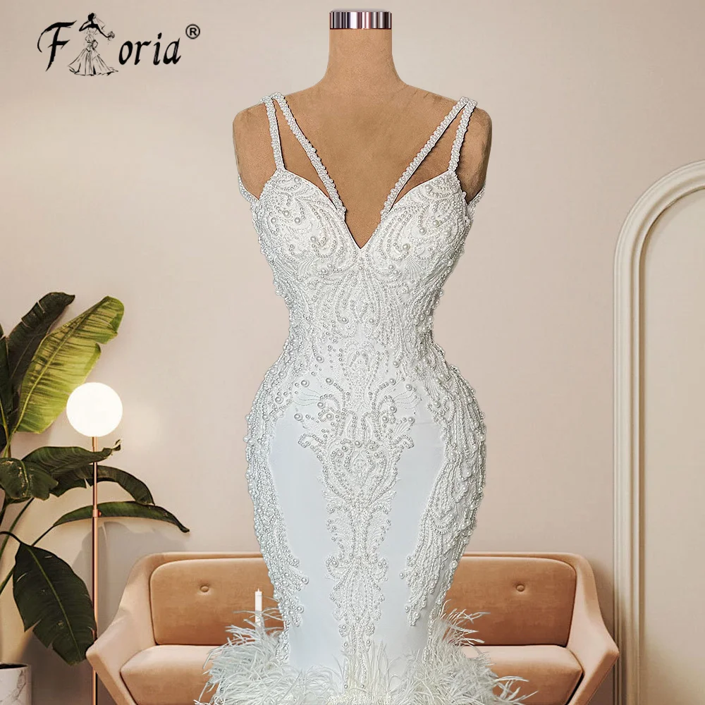 Elegante Meerjungfrau Perlen Feder Hochzeit Kleid 2022 Spaghetti Strap V-ausschnitt Brautkleid Formale Abend Party Tragen robe de mariée