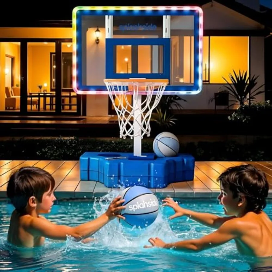

Pool Basketball Hoop Splashside Poolside, Adjustable Height, Rust-Resistant Steel, Blue/White, LED Lights Premium Water-Treated