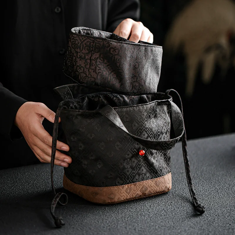The Walking Tea Ceremony:Bucket Bag - Luxurious Gambiered Gauze Tote Doubles as Tea Set Case, Ultimate Fusion of Heritage Craft