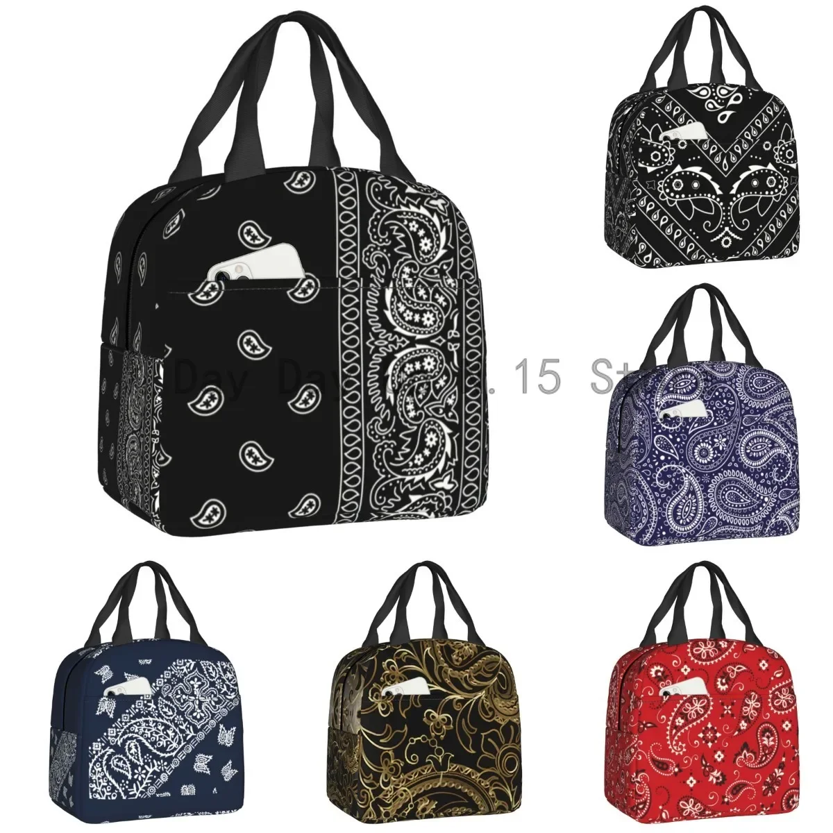 Black And White Paisley Chicano Bandana Style Portable Lunch Box Women Waterproof Cooler Thermal Food Insulated Lunch Bag School