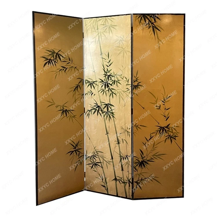 Pure Hand Drawing Gold Foil Painting Floor Mobile Folding Partition Wood Board Four Bamboo Screens