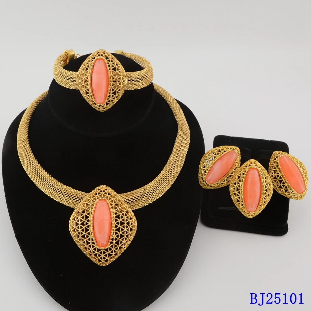 African Durable Iron Alloy 4pcs Jewelry Set Gold Plated Bridal Wedding Necklace Earrings Ring Bracelet