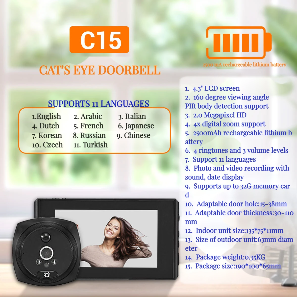 

ESCAM 1080P Wide Angle Intelligent Visual PIR Human Sensor Electronic Cat's Eye Doorbell C15 Digital Zoom