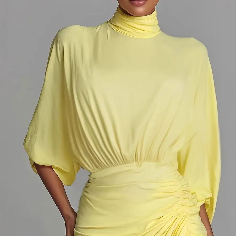 Damska sukienka maxi z golfem, rękawami trzy czwarte, wysokim stanem, marszczeniami, rozcięciem, seksowna, na studniówkę, wieczór, przyjęcie urodzinowe.