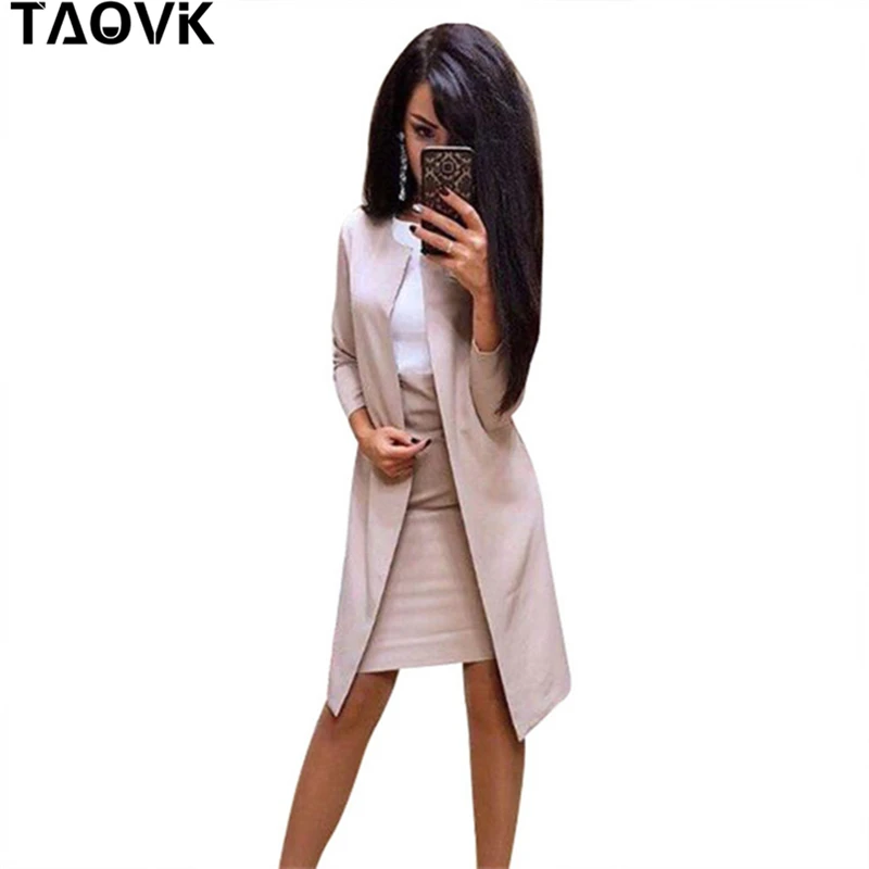 TAOVK Office Lady Work Dress Suits Elegant 2 Piece Sets Women Long Blazer Jacket + Sleeveless Slim Dresses Suits Femme