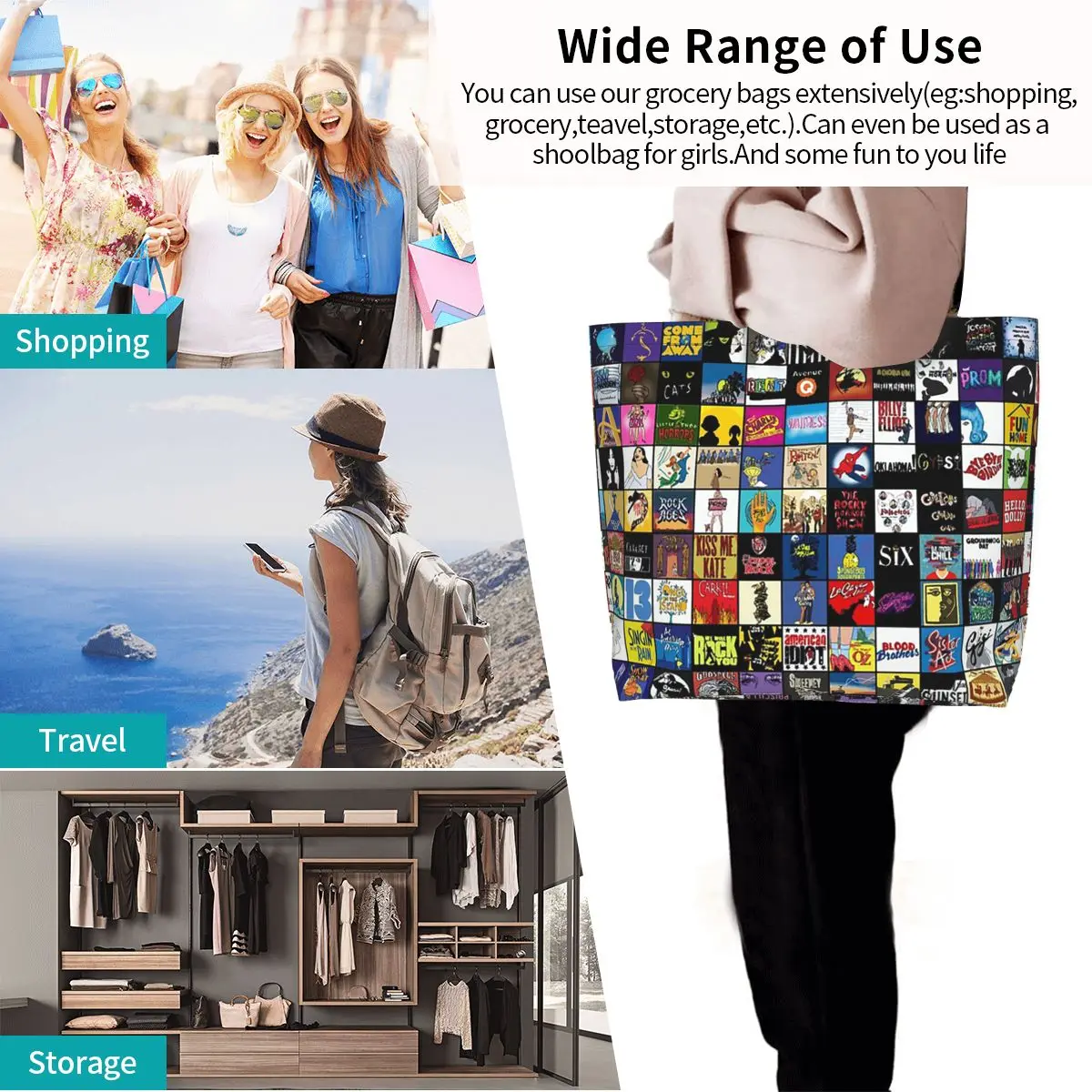 Broadway Musical Theatre Logos Handgezeichnete Einkaufstasche aus Segeltuch, große Kapazität, Umhängetasche, Shopper, Lebensmittelhandtasche für Damen