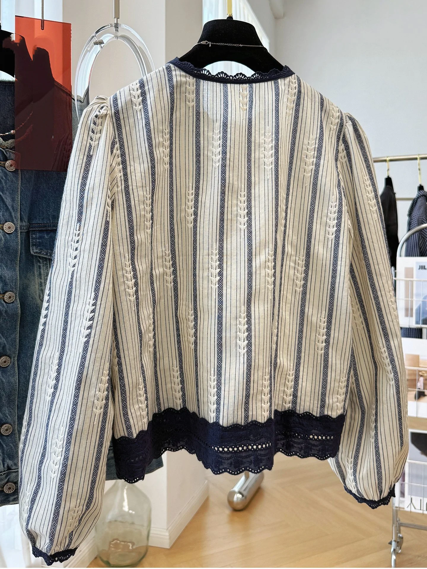 Women's Striped Lace Trim Blouse, Elegant Long Sleeve Button-Down Shirt with Hollow Embroidery, Casual Daily Wear view 6